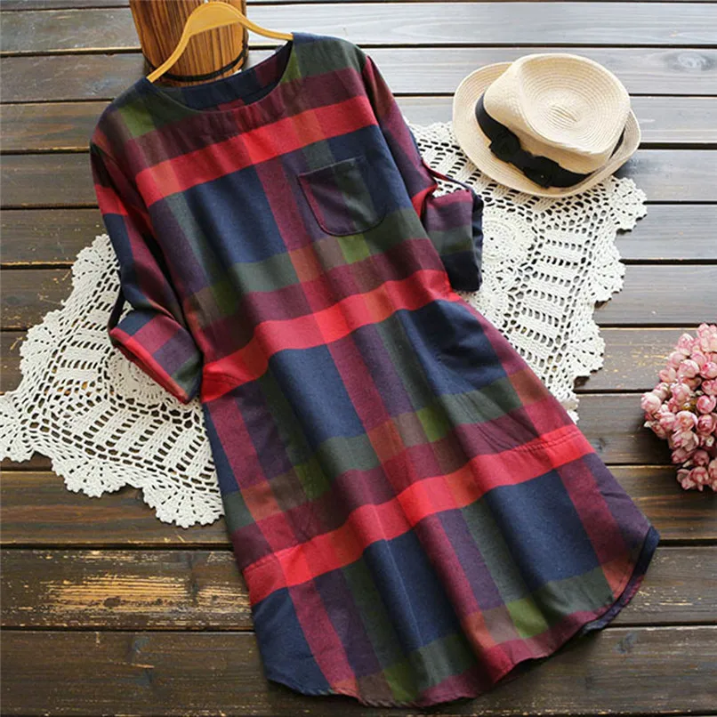 Female Vestido 2018 Autumn Women Dress Mori Girl Casual Literary Pocket Spell Color Plaid O-Neck Long Sleeve Dresses #F#40OC160