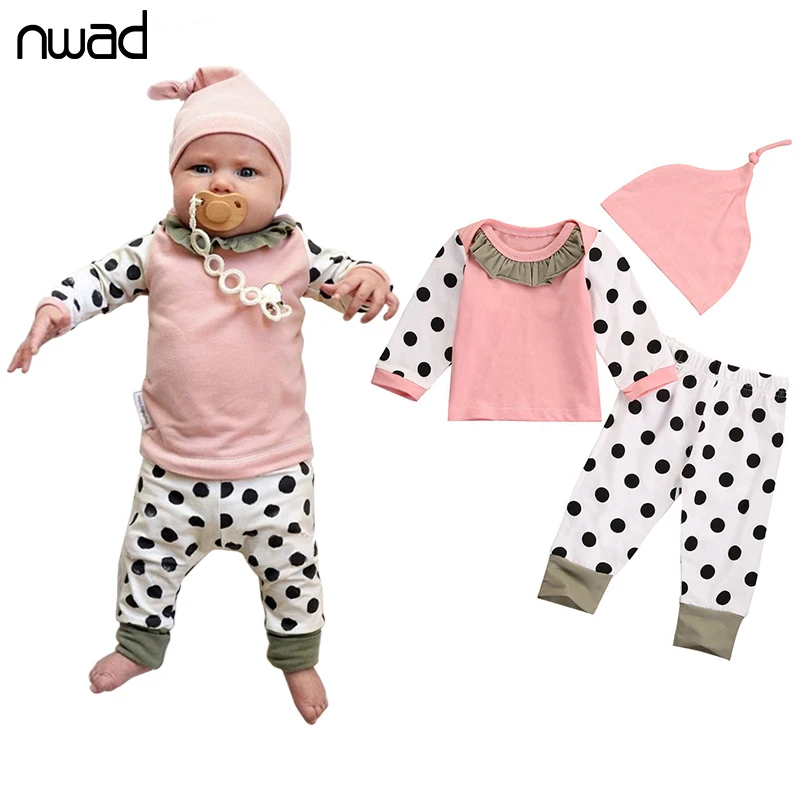 

NWAD Newborn Baby Girl Clothes Polka Dot Clothing Suit For Infant Girls long Sleeve T Shirt + Long Pant +Cap 3pcs Set FF225