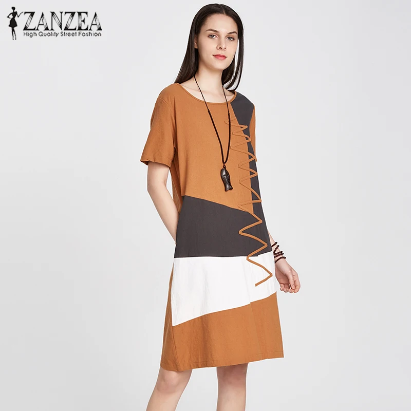 

ZANZEA 4 Colors Elegant Women Ladies Midi Dress 2019 Short Sleeve O Neck Pockets Splice Color Casual Loose Calf Length Vestidos