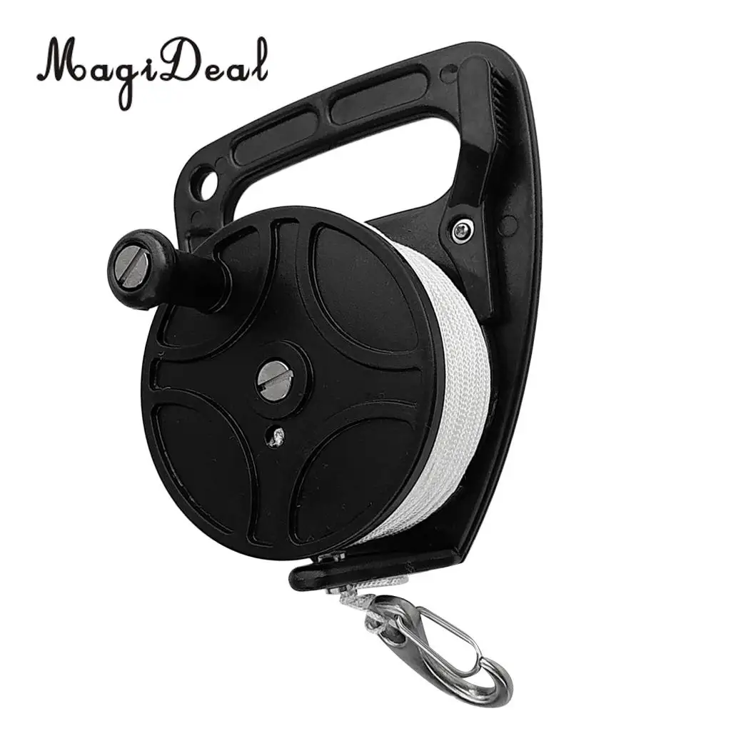 Black Plastic Dive Reel & Handle, Thumb Stopper, 150ft Line, Clip Hook for Scuba Diving Diver Snorkeling