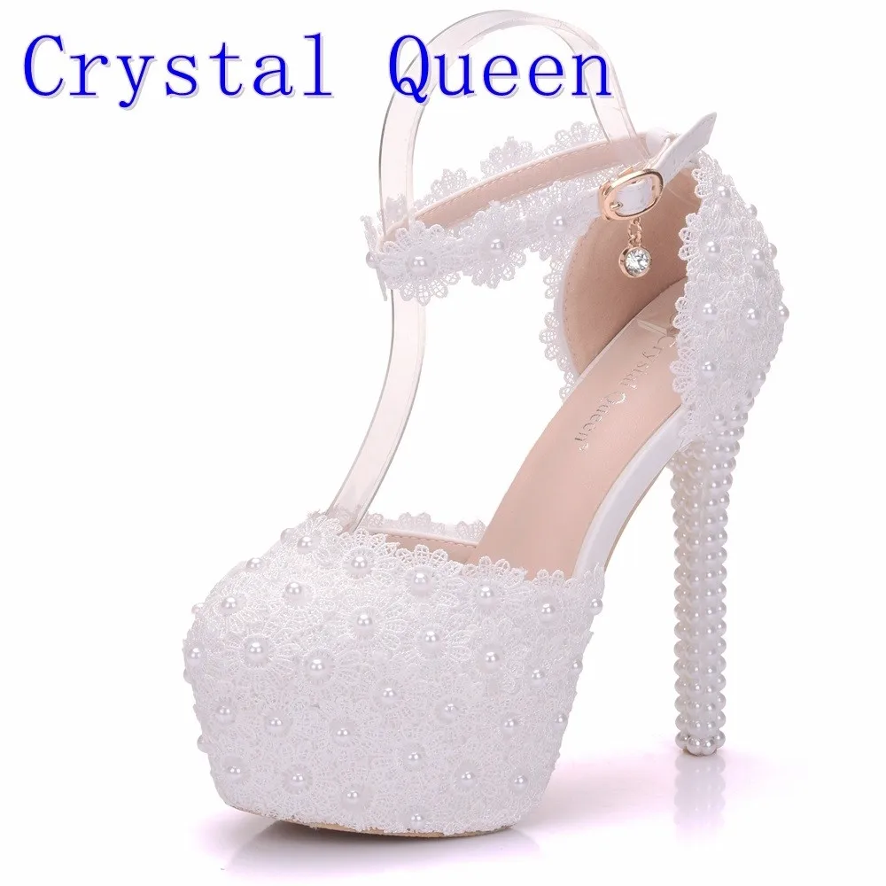 

Crystal Queen White Lace Flower Bridal Shoes 14CM High Heel Round Toe Wedding Pumps Ankle Straps Women Sandals Bridesmaid Shoes