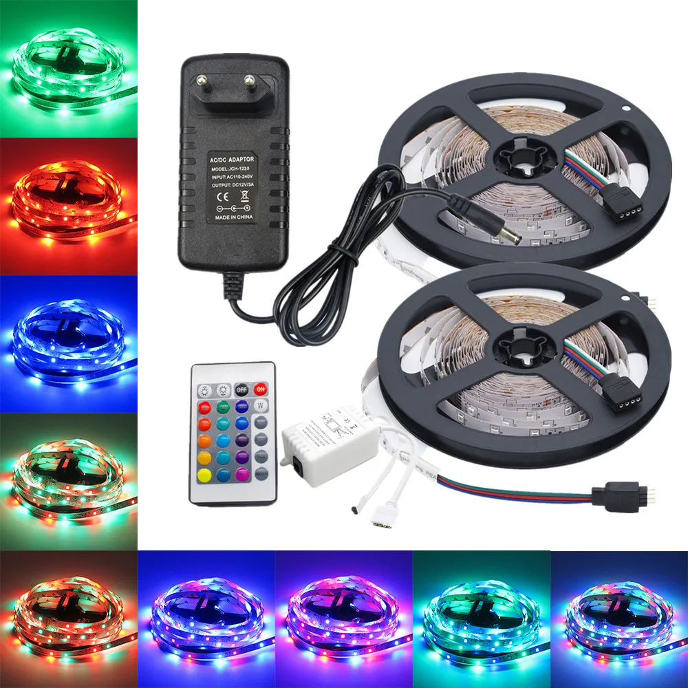 

5m 10m LED Strip Light 12V 60 leds/m SMD 2835 Flexible RGB LED Strip Non waterproof Colorful Tape Ribbon+LED Controller+Adapter