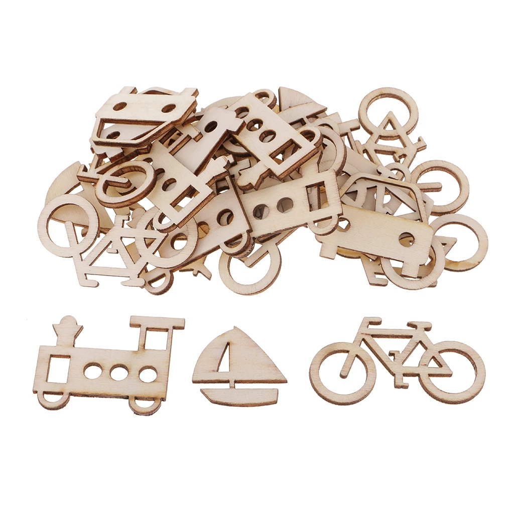 50pcs Unfinished Wood Vehicle Wooden Shapes Cutout Slices Scrapbooking Embellishments for Kids DIY Craft 