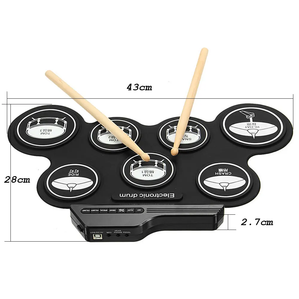 Электронный складной барабан набор 7 силиконовых барабанных подушечек компактный размер с питанием от USB с голени ножные педали черный