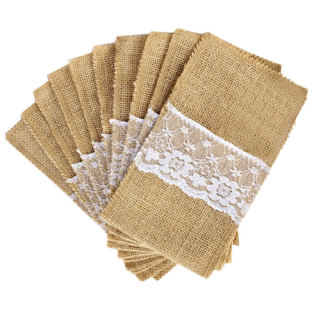 

10pcs Packaging Fork & Knife Holder Pocket 4"x8" Vintage Jute Burlap Lace Chic Tableware Pouch for Wedding Party Decoration