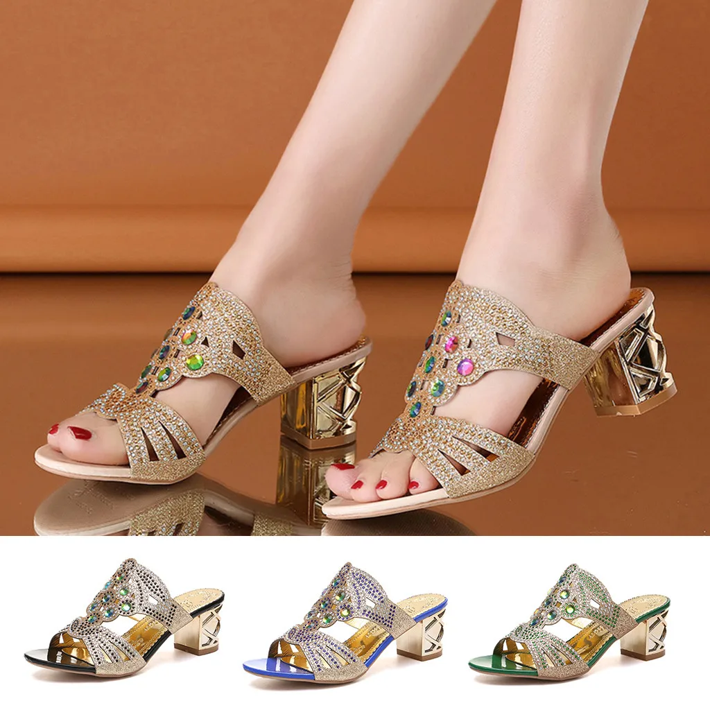 

Ladies Bohemian Shoes Crystal Slip-On Slipper Retro Open Toe Sandals Elegant Square Heel Shoes Women Holiday Party Sandals Pumps