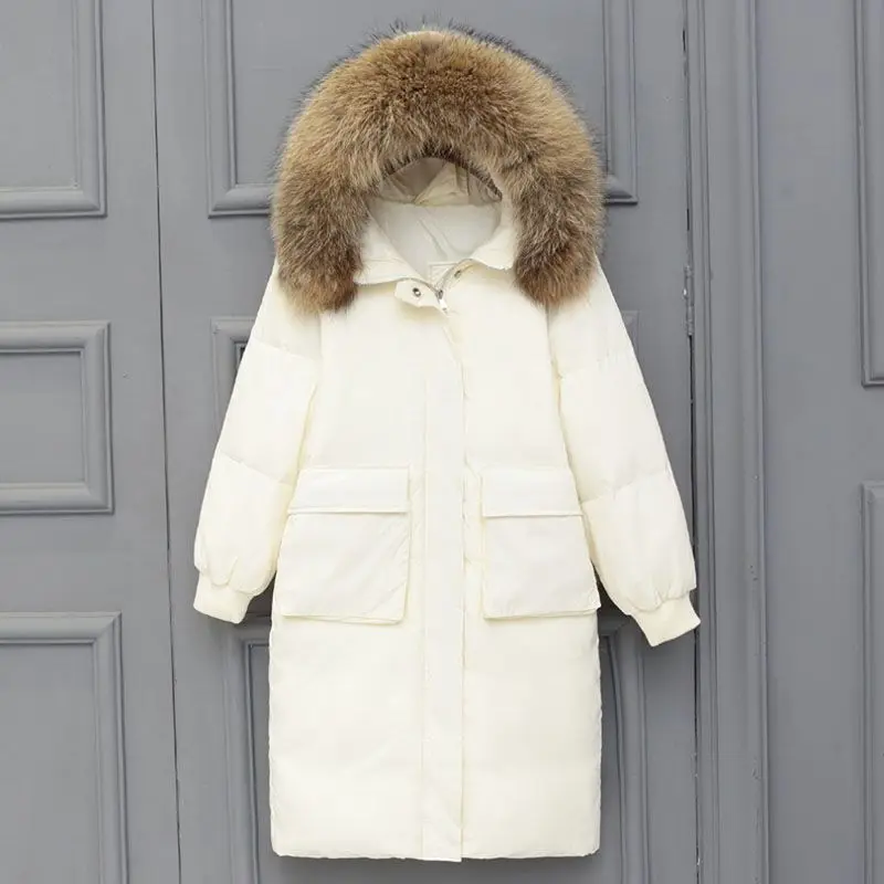 Роскошное женское пуховое пальто большой меховой воротник тонкая пуховая куртка однотонная Толстая теплая парка с капюшоном плюс размер верхняя одежда