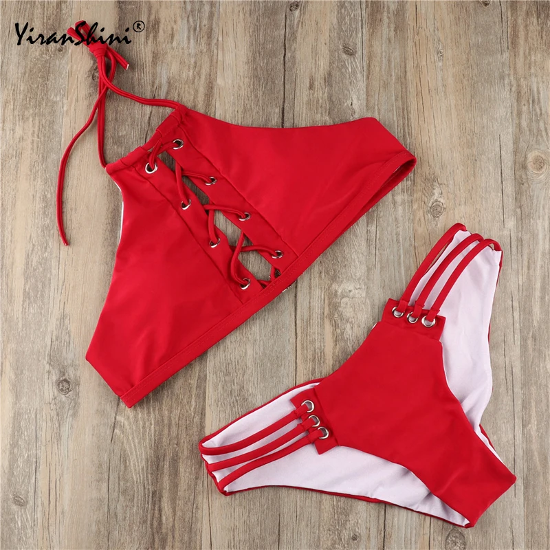 

YIRANSHINI Solid Red Sexy Bandage Brazilian Bikinis 2018 Female Criss Cross Sexy Backless Bikini Set Push Up Low Waist Biquinis