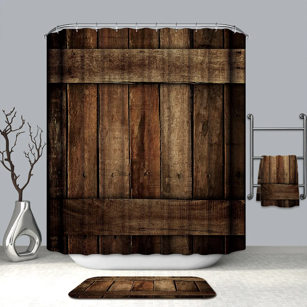 

3D Creative Wooden Door Pattern Shower Curtains Vintage Wood Board Waterproof Mildew Proof Thickened Bath Curtains for Bathroom