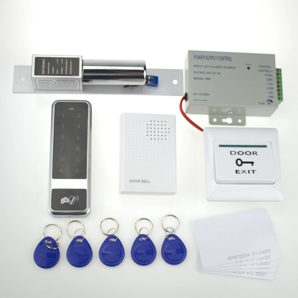 

full 125khz door access control system C50ID model+power supply+electronic bolt lock+door exit button+door bell+keyfobs+ID card