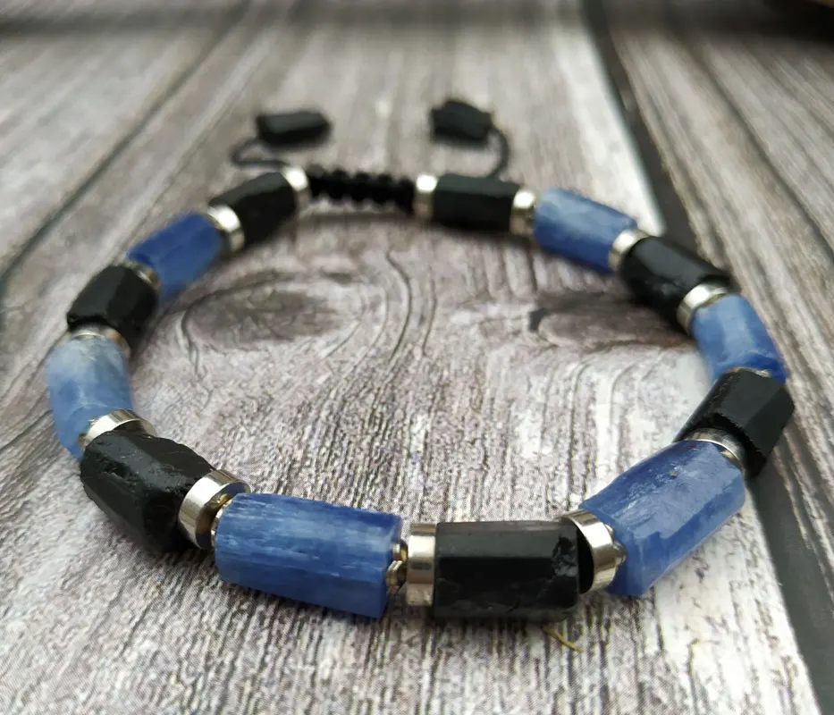 

YA3934 Natural Kyanite Black Tourmaline Silver Spacer Stone Beads Cord Knotted Adjustable Bracelet