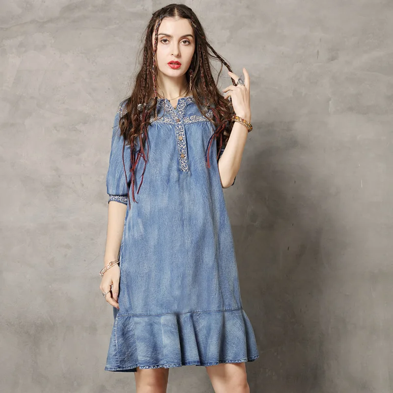 Summer Denim Dresses Women Retro Solid Color Embroidery Half Butterfly Sleeve Button Vintage Female Knee-Length Falbala Dresses Summer Denim Dresses Women Retro Solid Color Embroidery Half Butterfly Sleeve Button Vintage Female Knee-Length Falbala Dresses