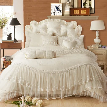 

4/6/8pcs Princess style Jacquard Bedding Set white Bed Skirt lace Duvet Cover wedding bed Sets Queen King cotton Bed Linen