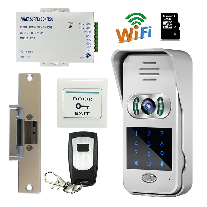 Free Shipping Wireless Wifi Code Keypad Doorbell 720P Video Intercom for Andriod IOS Phone Remote View / Unlock + Strike e-lock