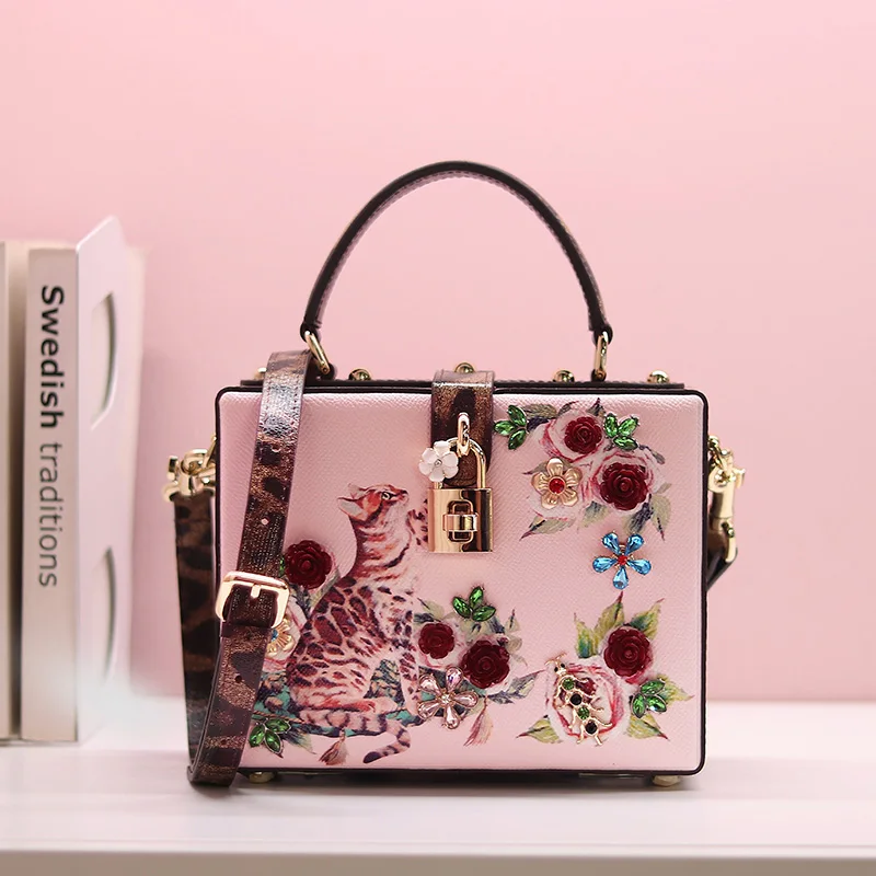 

Hard Box Day Clutch Cat Print Flower Diamond Gem Pearl Women Tote Bag Luxury Brand Female Genuine Leather Shoulder Messenger Bag