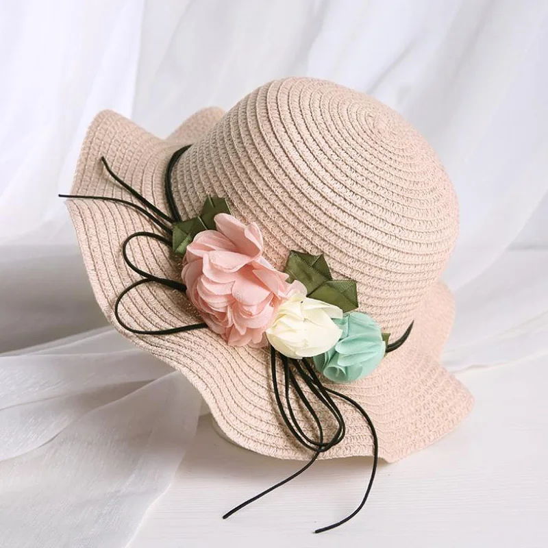 Doitbest корейские соломенные шляпы с цветами для мальчиков и девочек, летние шляпы от солнца для детей, детские пляжные шляпы для путешествий и отдыха, детская солнцезащитная Кепка - Цвет: light pink