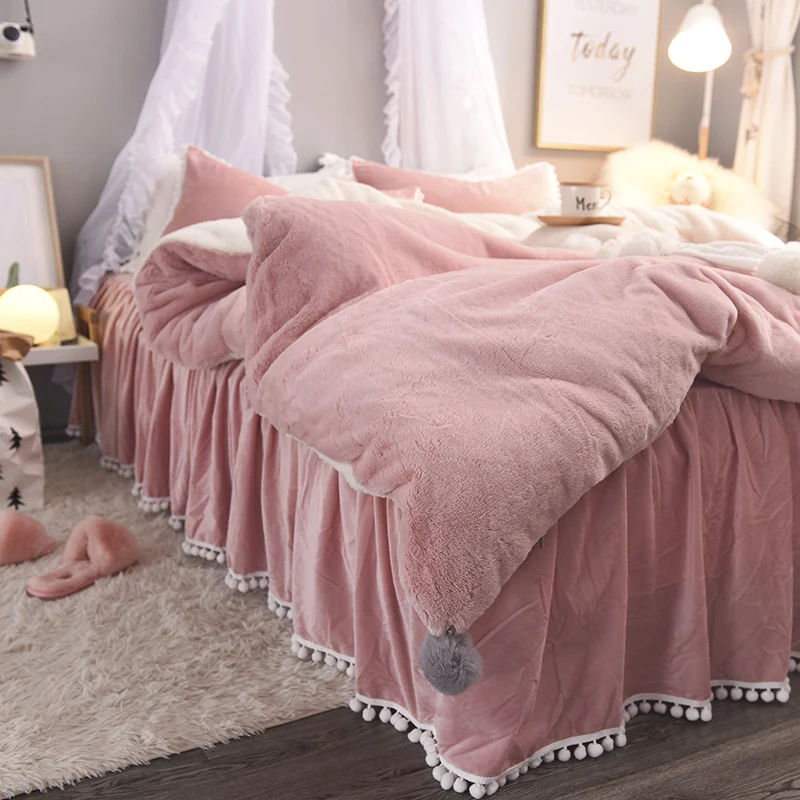 Коричневый, белый, розовый, серый, для девочек, зимний толстый фланелевый Комплект постельного белья, мягкий флисовый пододеяльник, простыня/льняная кровать, юбка, наволочка