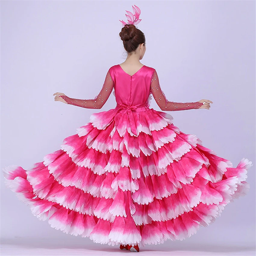 360-720 Degree Flamenco Dress for Women Spanish Gypsy Petal Dance Costume Rose Red Bullfighting Dance Costume Flamego long Robe