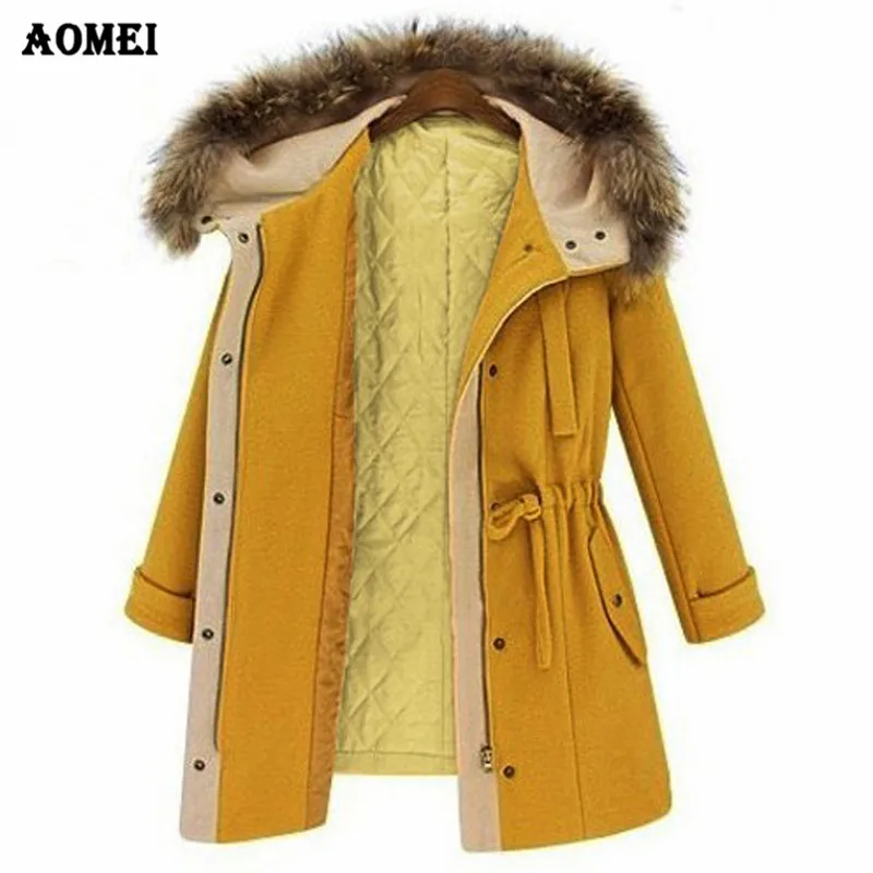 Желтое осенне-зимнее женское шерстяное пальто, верхняя одежда, Женский Тренч средней длины, милая элегантная повседневная куртка с меховым воротником, пальто