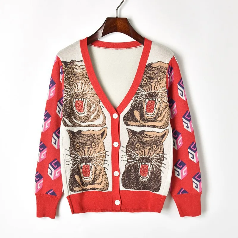 

2019 Spring Contrast Color Tiger Head Knitted Cardigan Single Breasted Geometric Long Sleeve V-neck Sweaters Women Jc2710