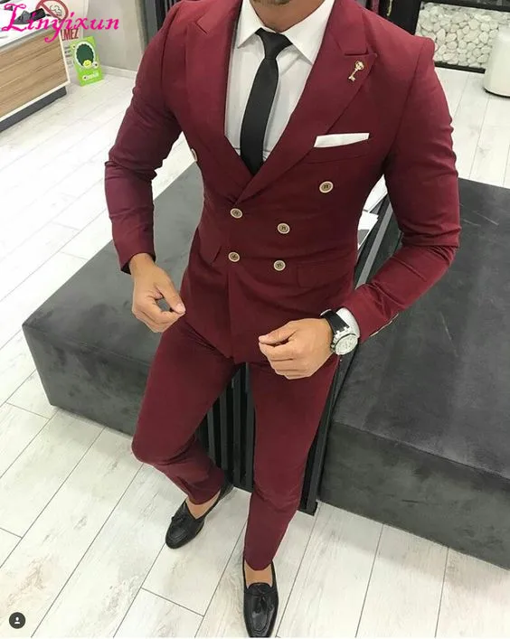 Linyixun новейший дизайн пальто брюки бордовый мужской костюм двубортный пиджак Slim Fit 2 шт. смокинг на заказ Жених Блейзер Выпускной костюм
