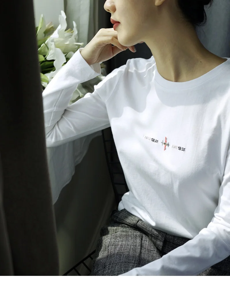 GIGOGOU 95% хлопковая футболка женская с длинным рукавом Футболка с вышивкой Повседневный свободный стиль футболка осень зима Топ Футболка в стиле Харадзюку