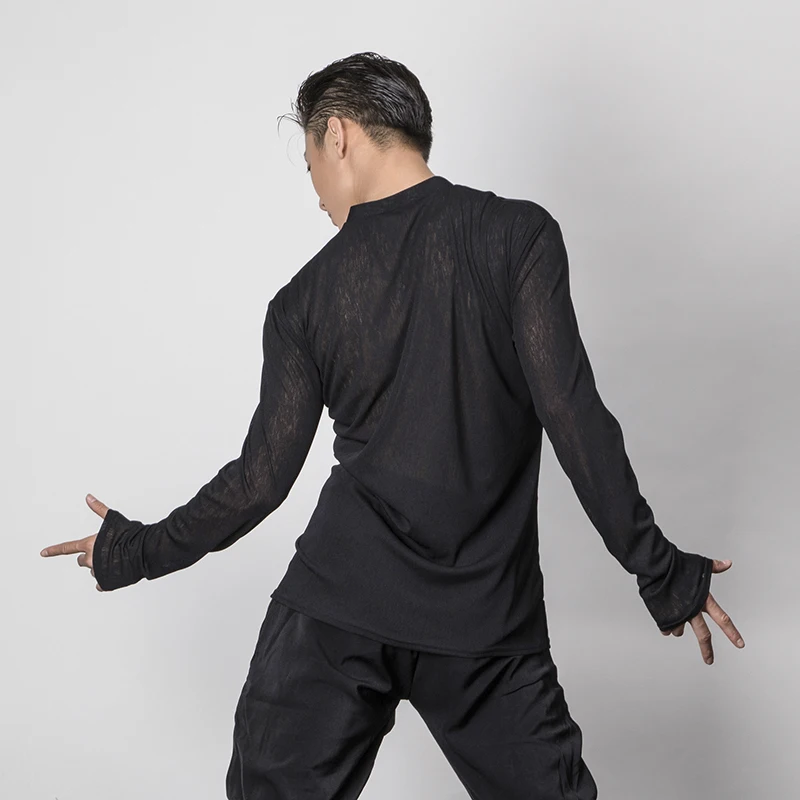 Новые туфли для латинских танцев мужские рубашки с v-образным вырезом с черным топом и выступление конкурс Костюмы Румба Танцы Одежда для взрослых латинская одежда DQS1097