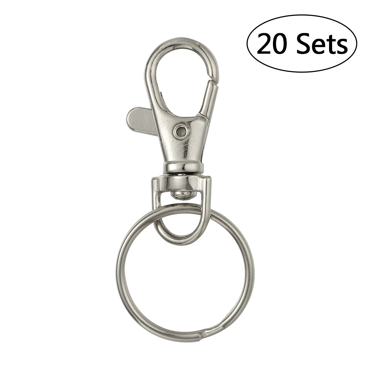 

20 Sets of Large-sized Detachable Swivel Lobster Clasps Keychains & 25mm Key Rings (Silver)