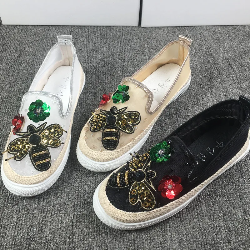 

Koovan Women's Flats 2018 Summer New Women's Shoes Mesh Sequins Rhinestones Bee Flat Shoes Single Casual Ladies Shoes