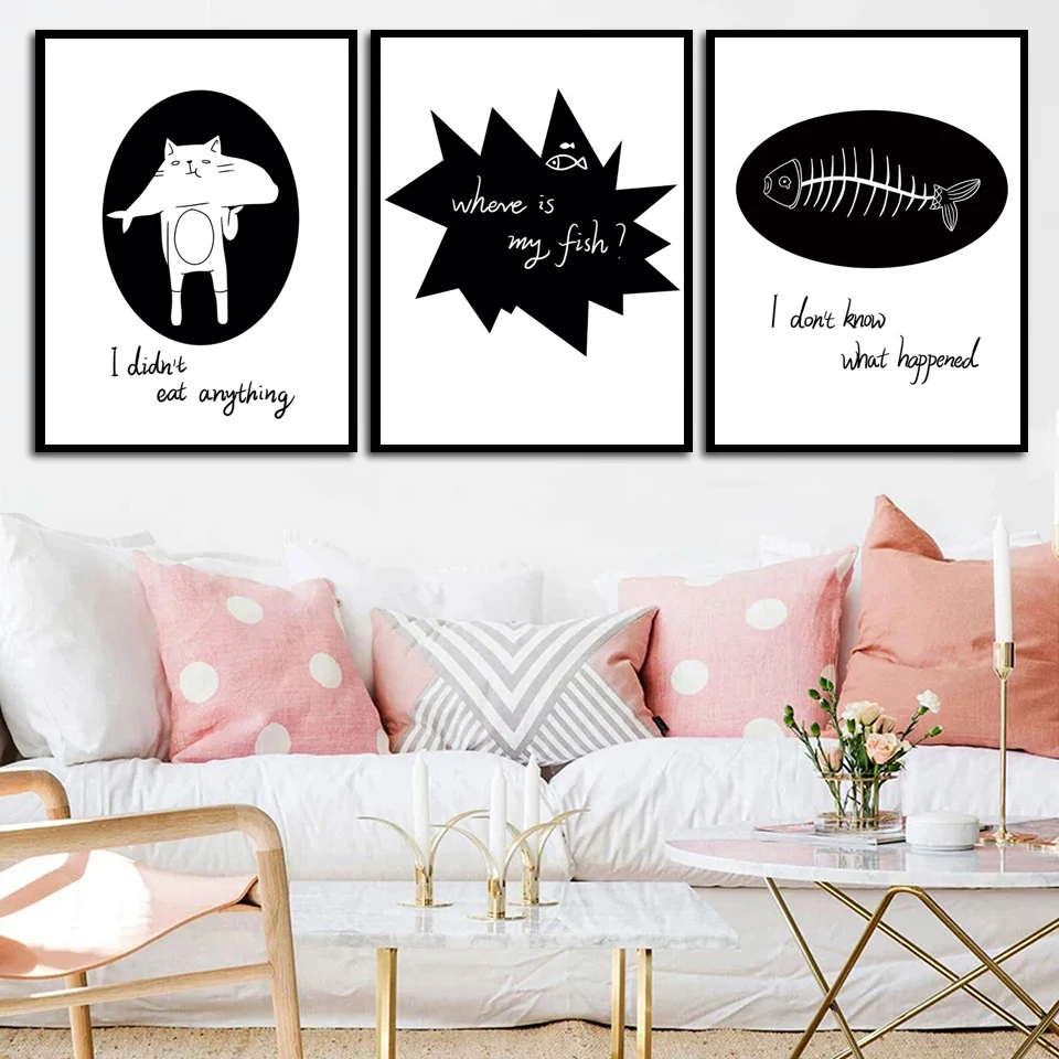 

Abstract Black and White Picture Catfish Letter Cute Cartoon Canvas Painting Wall Art Posters and Prints for Living Room Decor