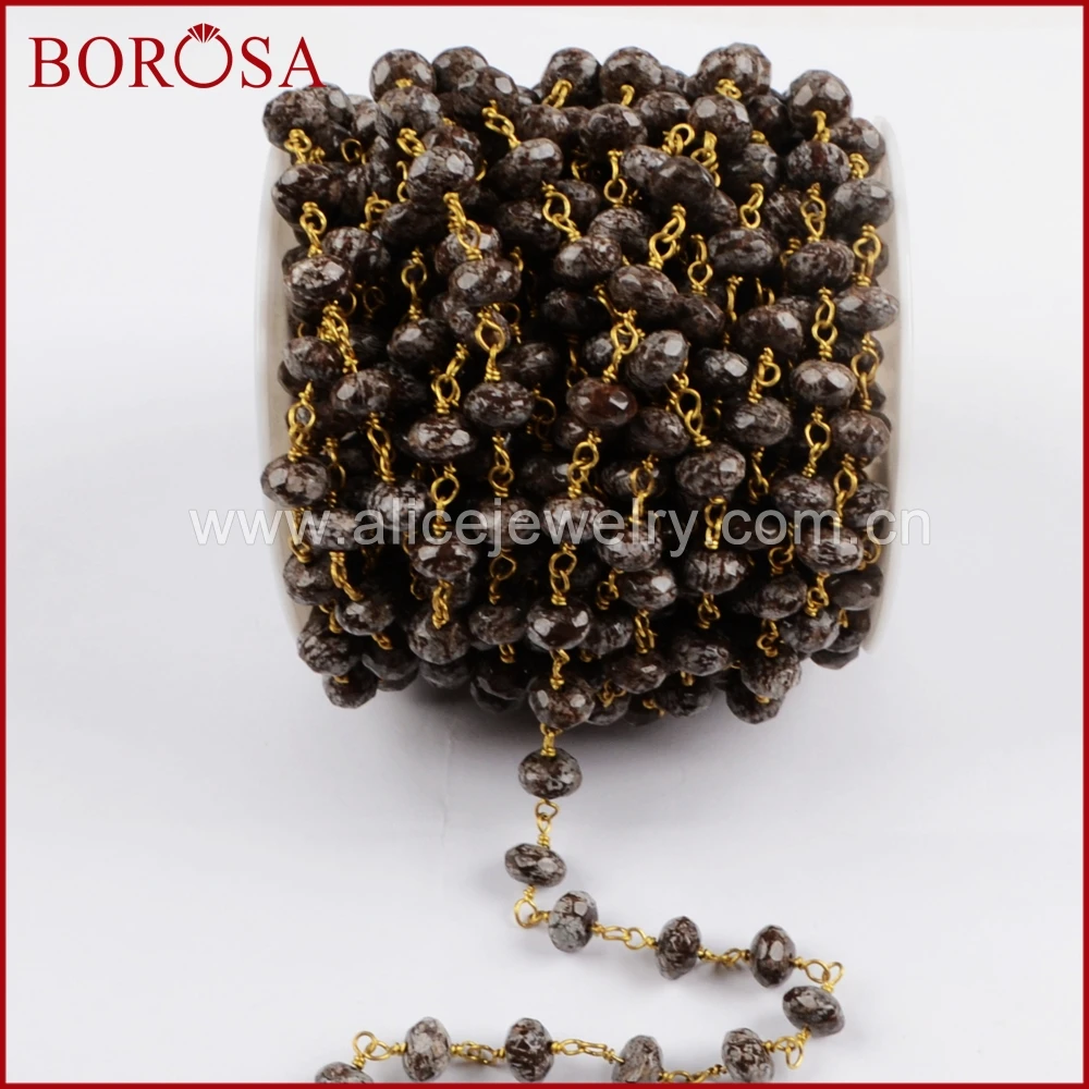 BOROSA 5Meters Gold Color 8x5mm Roundel Snow Jaspers Faceted Beads Wire Wrapped Rosary Chain for Necklace Jewelry Making JT181 | Украшения