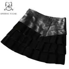 Весна Осень натуральная кожа Юбки женские черные сексуальные тонкие посылка ярусная юбка из натуральной овчины женская короткая плиссированная юбка