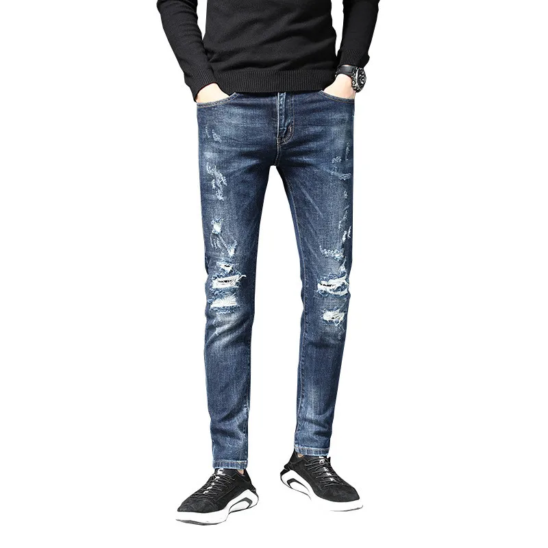 Джинсы мужские новые Брендовые мужские джинсы с дырками корейские модные мужские облегающие синие джинсы Большие размеры 28-34 36