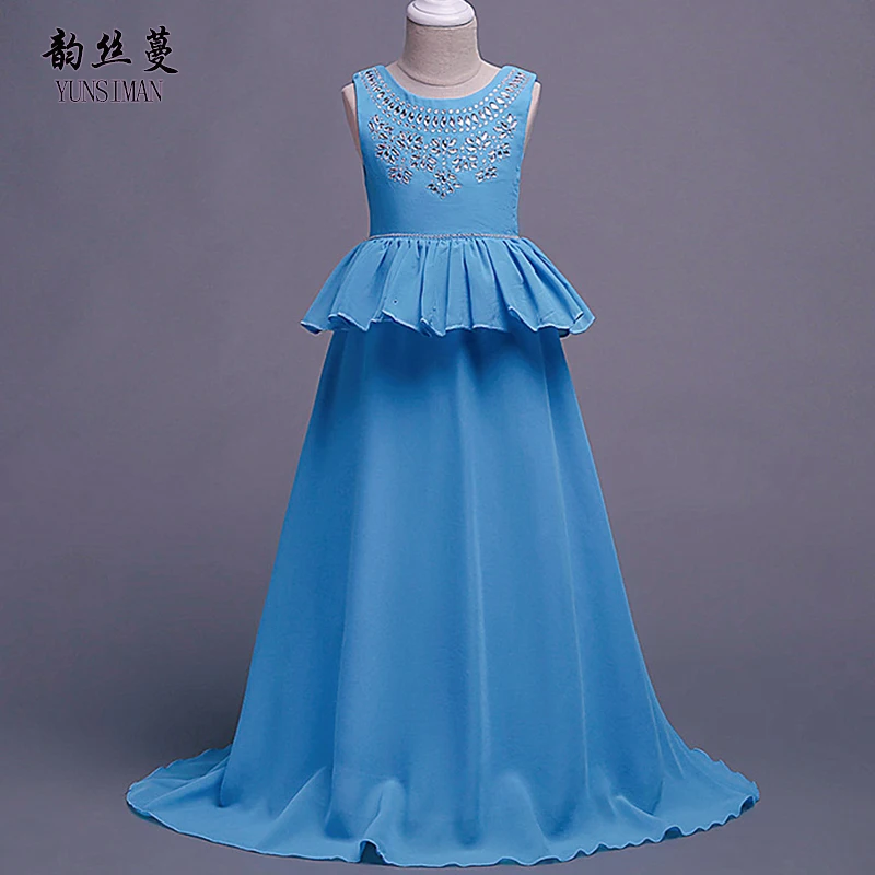 

2019 Girls Summer Dress 4 6 to 12 14 Years Backless Pearls Red Purple Long Evening Party Dresses Kids Chiffon Dress Clothes 1A5L