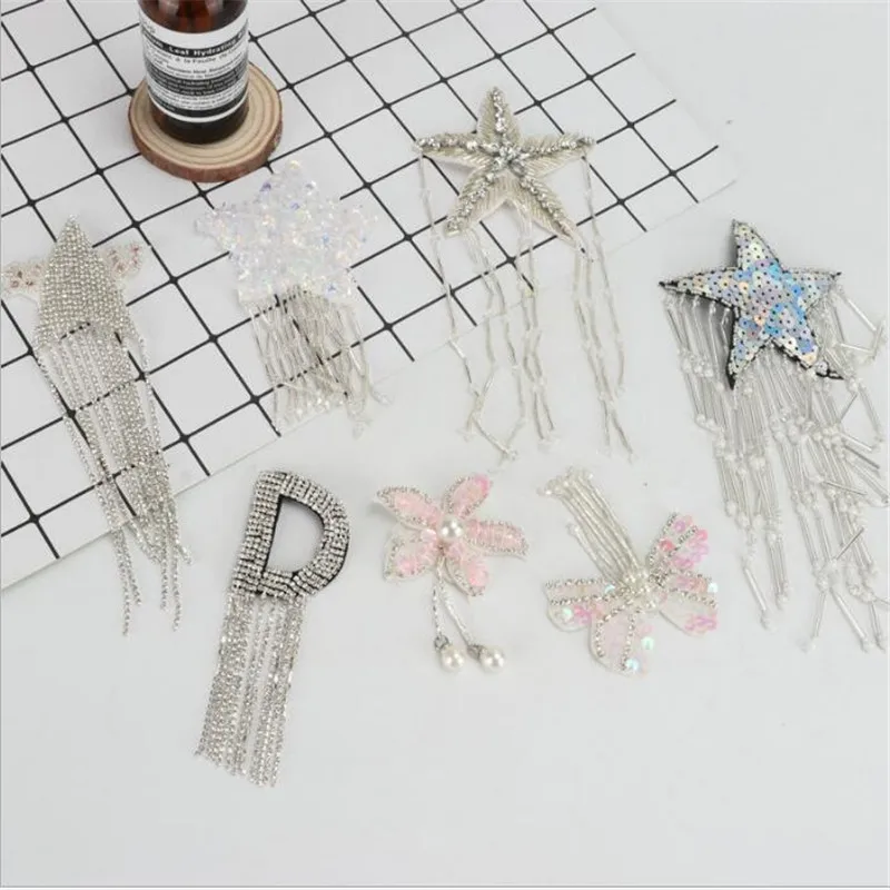 

Hand stitchin Rhinestone Patches costume DIY sequins stars long tassel pendant Sew on Crystal beaded Applique fringed accessory