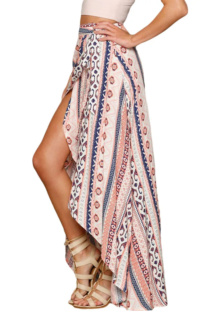 Новинка, пляжная юбка с этническим принтом, 42061, с цветочным принтом, сексуальная, открытая, с разрезом сбоку, Пляжная длинная юбка