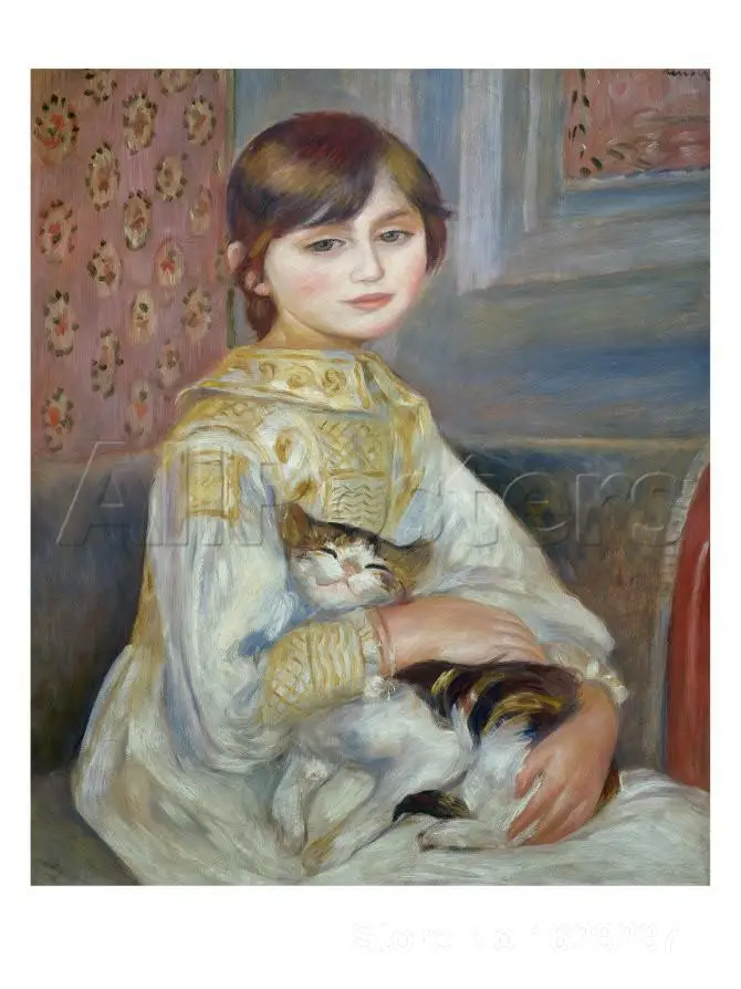 

painting with oils Portrait of Julie Manet or Little Girl with Cat by Pierre Auguste Renoir reproduction Handmade High quality