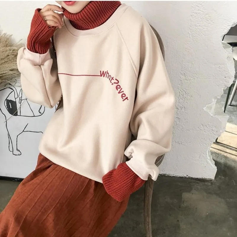

Sweatshirt Femme 2019 spring Womens Fahion Long Sleeve Plus Velvet Sweatshirts Korean Harajuku Embroidery Hoodies Tops