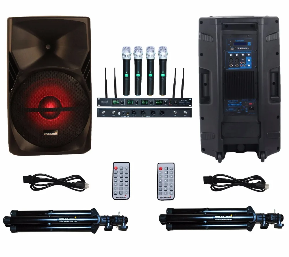 

STARAUDIO SPS-15RGB Pair 15" 3500W PA DJ Stage Powered Active Speakers W/4CH UHF Microphone System Stands