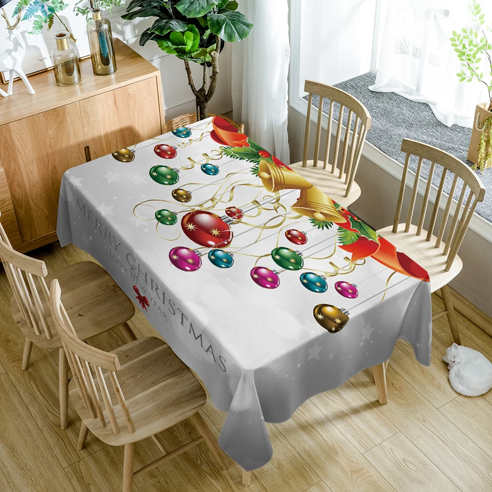 

Christmas Decoration Tablecloth Colorful Christmas Balls Pattern New Year Table Cloth Polyester Cotton Rectangular Table Cover