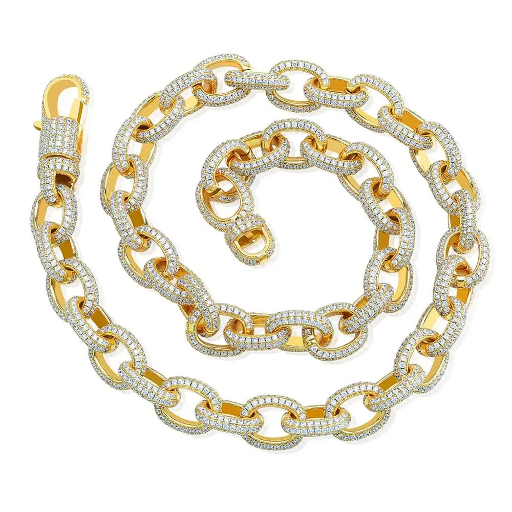 JINAO, цепочка в стиле хип-хоп с микро цирконием, 15 мм, золото, серебро, витая и овальная цепочка, ожерелья для женщин, мужские подарки, застежка-лобстер - Окраска металла: Gold