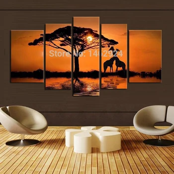

100%Handpainted Sunset the giraffe landscape Wall Decor Oil Painting on canvas 5pcs/set For Home Modern Decoration