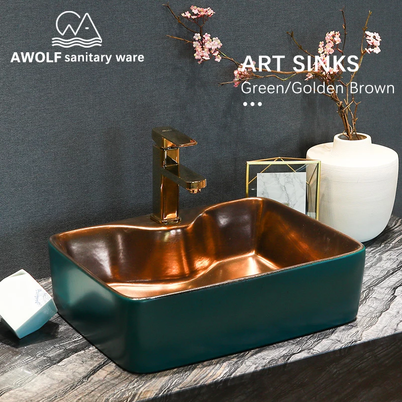 

Bathroom Sinks Modern Art Ceramic Vessel Forest Green Golden Brown Washing Basin Lavatary Sink for bathroom Balcony AM854
