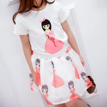 

Fashion Girls White T Shirt +Chiffon Voile Skirt Clothing Sets Kids Summer 3T-9T T-shirt Casual Children's Princess Dress 2pcs