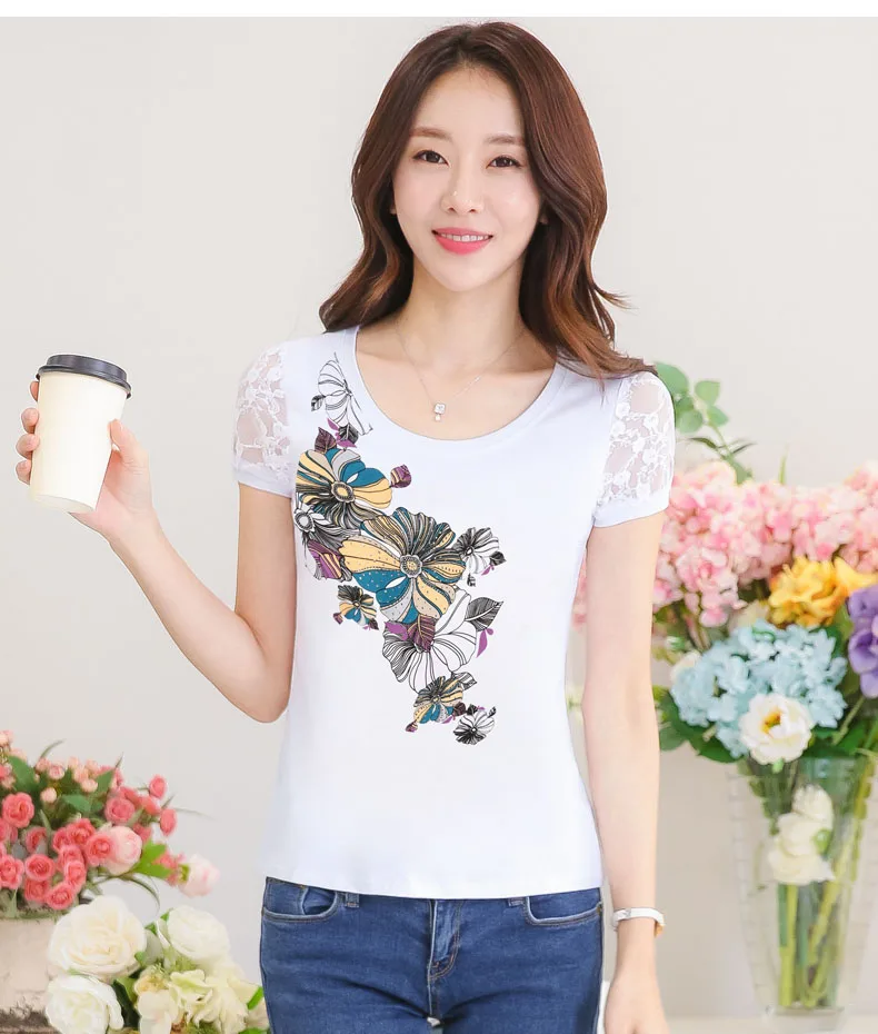 Camisetas verano mujer женские Стразы с коротким рукавом футболки женские топы с бриллиантами цветочный принт женские футболки Vetement Femme