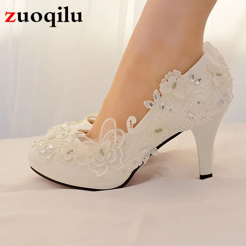 2020 High Heels Wedding Shoes Bride Rhinestone Lace Bow White