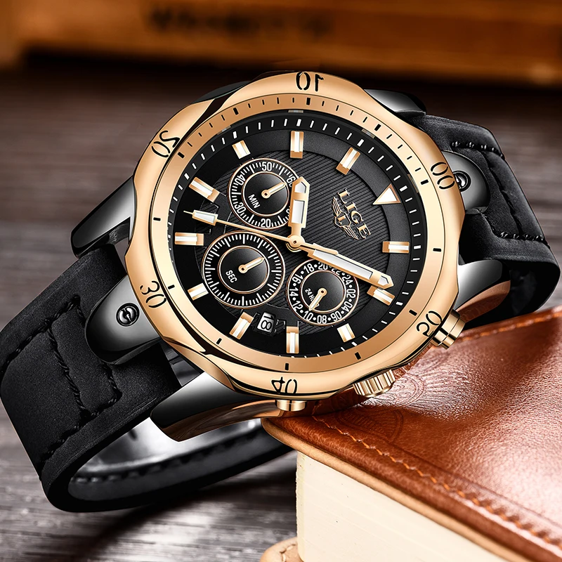 2018 LIGE Mens Watches Brand Luxury Gold Quartz Watch Men Casual Leather Military Waterproof Sport Wrist Watch Relogio Masculino