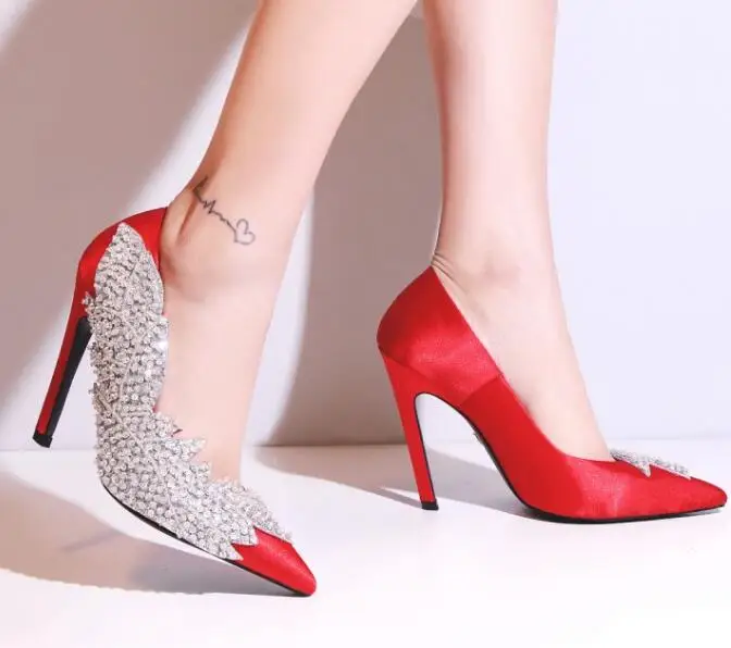 

Moraima Snc Newest High Heel Shoes Woman Pointed toe Crystal Embellished Party Wedding Heels Shallow Slip on Dress Shoes