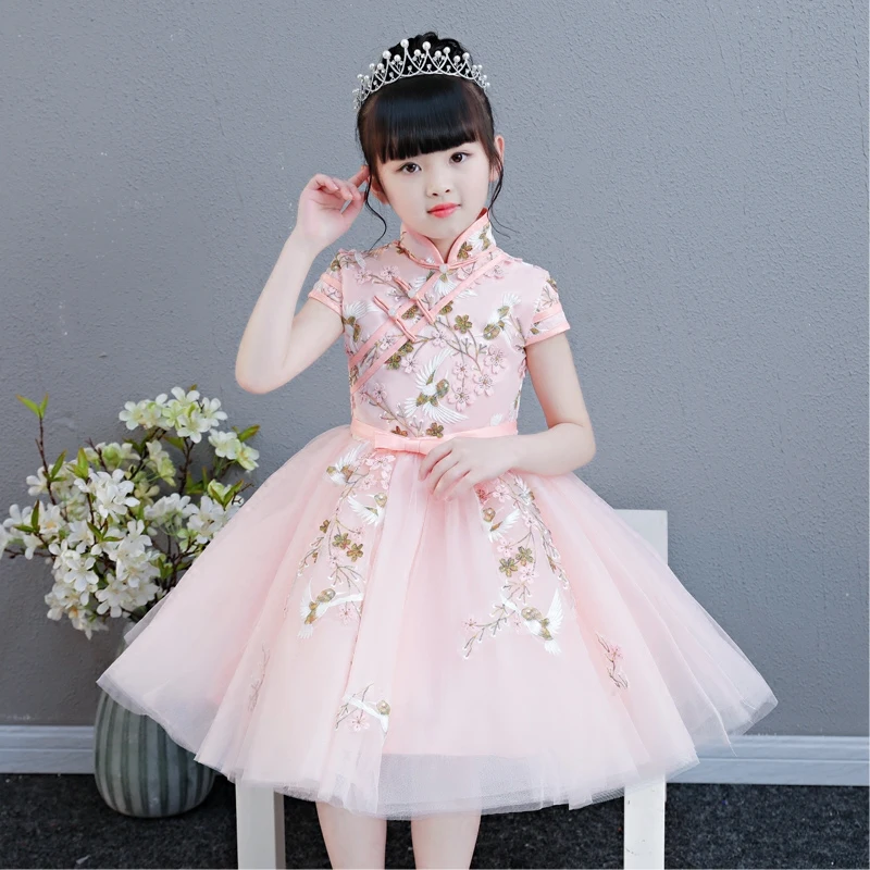 

Elegant Embroidery Flowers Chinese Style Traditional Birthday Wedding Party Dress Children Cheongsam Costumes Host Guzheng Qipao