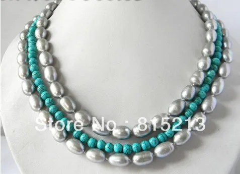 

ddh00378 3Strands 18'' Round Turquoise & 10mm Gray Freshwater Pearl Necklace
